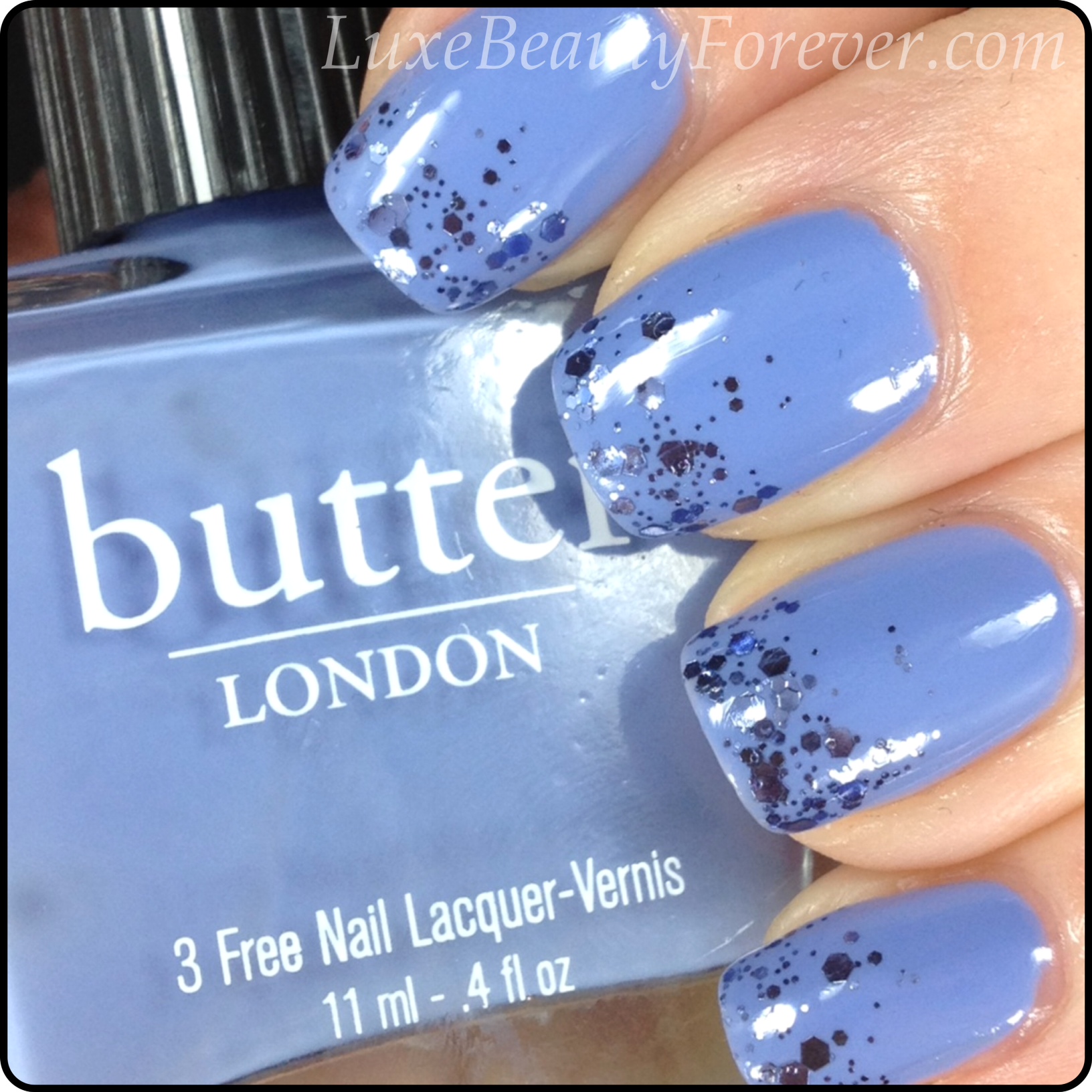 Lovely Periwinkle Nails with Glitter Tips.